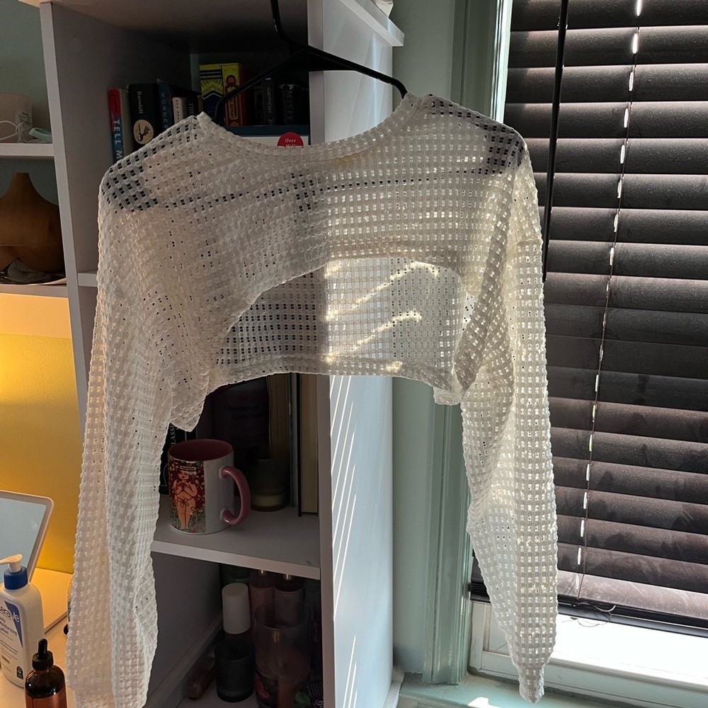 White Cropped Mesh Cover up